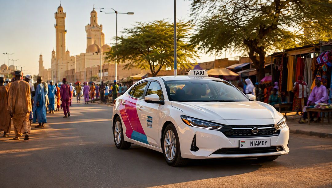 Avenue animée de Niamey au coucher du soleil avec une voiture TeksiMe